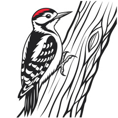 Woodpecker bird perched on a tree branch, black and white illustration
