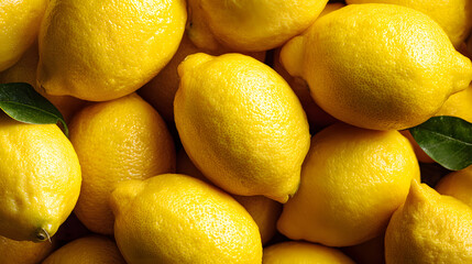 Fresh lemons are stacked together, displaying their bright yellow color and green leaves, highlighting their freshness