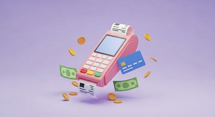 Pink payment terminal with floating money and credit card credit card machine point of sale