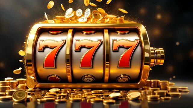 Golden slot machine reels showing 777 and coins falling, sparkling light background. Concept of gambling and luck