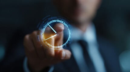 Time Management with a Touch: A business professional's finger interacts with a holographic clock, highlighting the importance of time management and efficiency in a digital world.