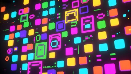 Vibrant Digital Grid with Neon-Colored Squares and Rectangles