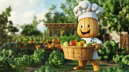 Cheerful cartoon peanut chef carrying a basket of fresh produce.