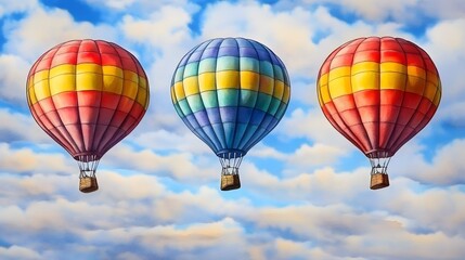 Naklejka premium Three Colorful Hot Air Balloons Soaring in a Cloudy Sky