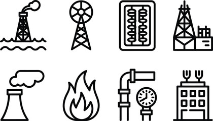 Outline Icon Set Featuring Industrial Buildings, Pipelines, Flame, and More on White