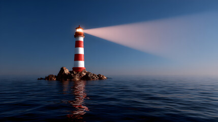 Lighthouse beacon shining across tranquil ocean with wide clear sky