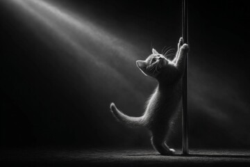 Adorable kitten gracefully climbing a pole under dramatic spotlight, showcasing playful agility