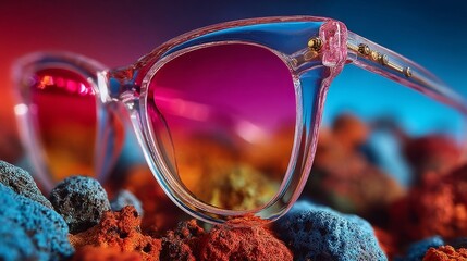 Close-up view of stylish sunglasses resting on colorful volcanic rocks