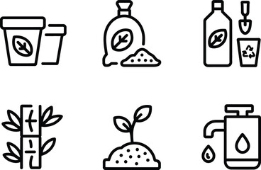 Outline Icon Set Showing Gardening Tools, Sprout, Compost, Bamboo on White