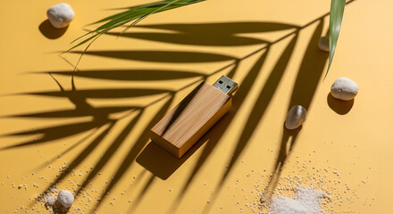 Wooden USB Drive with Botanical Decor on Yellow Background