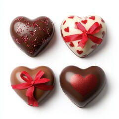 Obraz premium Four heart-shaped chocolates with decorative ribbons and glitter
