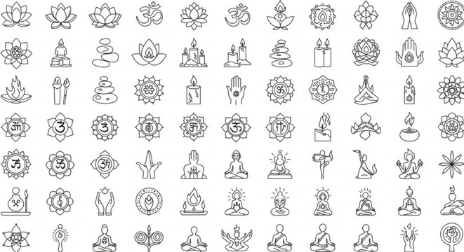 Collection of outline yoga and meditation symbols including lotus flowers om signs candles and seated figures