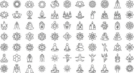 Collection of yoga and meditation related line art icons including lotus flowers and praying hands symbols