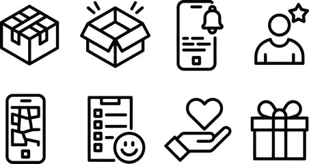 Outline Icons Box, Open Box, Phone Notification, User Rating, Broken Screen, List