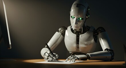 robot writing on notebook futuristic tech concept creative robot author writes on paper modern robot using pen artificial intelligence creating content robotic copywriter working with tech