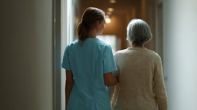 Support and Comfort: A dedicated caregiver gently assists a senior woman, offering a comforting hand as they navigate a well-lit corridor, symbolizing care and support.