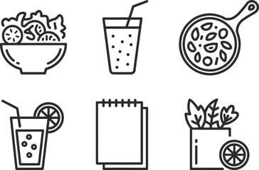Outline Icons of Salad Bowl, Refreshment Glass with Straw, Notepad, and Vegan Dish