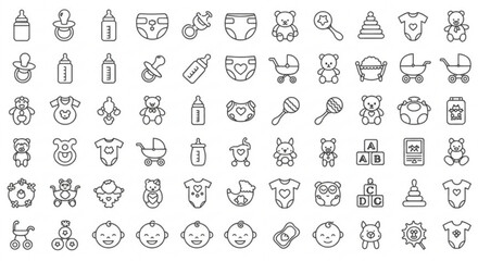 Illustration of baby related items including toys, bottles, clothes and baby faces in outline style
