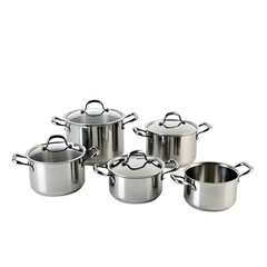 A set of shiny stainless steel cooking pots with lids, ideal for various culinary tasks in modern kitchens on white background