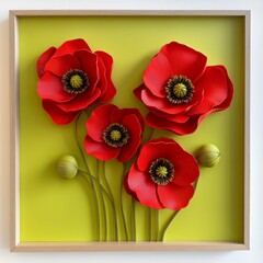 Vibrant red poppies on a bright yellow background.