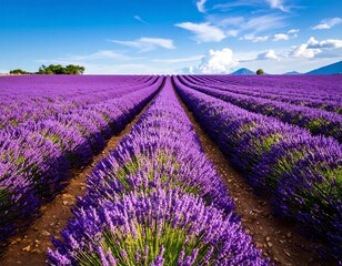 Naklejka premium Breathtaking Lavender Fields of Provence under a Bright Blue Sky in Summer