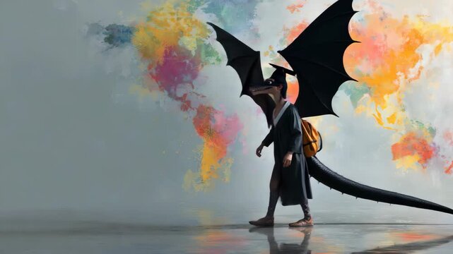 Student Standing Before Painted World Map Wall