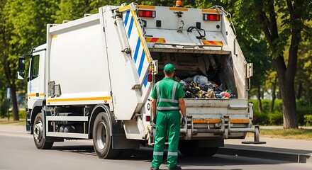 Garbage truck worker collecting trash on a sunny day