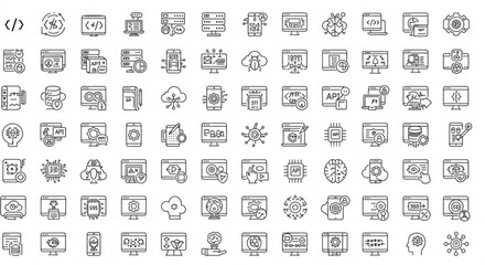 Collection of outline icons representing software development and technology concepts in a grid layout