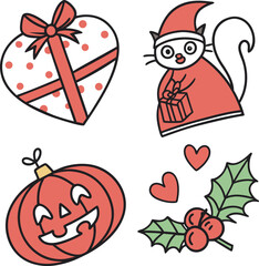 Flat Holiday Icon Vector Set – Christmas, Halloween, New Year