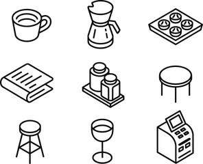 Outlined Icons with Table,Chair, Cosmetics, Coffee Maker and Book on Transparent