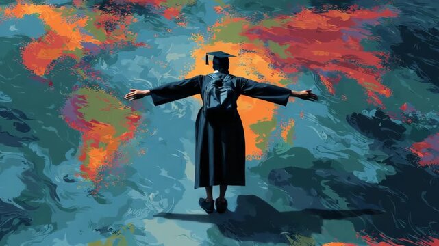 Graduate Walking on Abstract World Map Surface