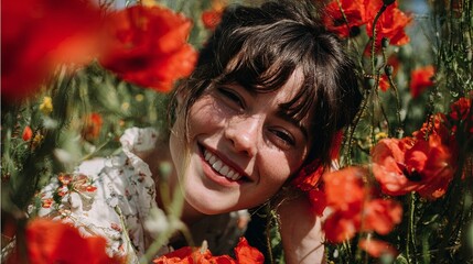 Smiling Woman in Vibrant Red Poppy Field