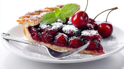 Delicious Cherry Pie Slice with Fresh Cherries and Mint