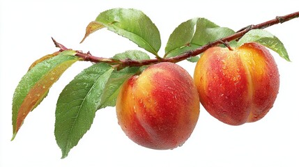 Fresh Ripe Peaches with Dew on Branch