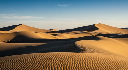 Vast desert dunes bathed in golden sunlight