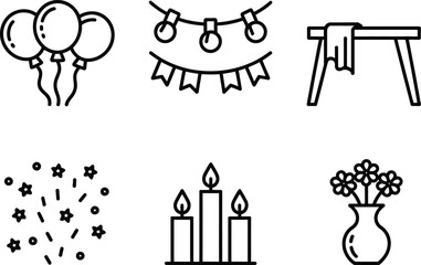 Party Icons Set with Balloons, Flag Banner, Table,Confetti, Candles with Transparent