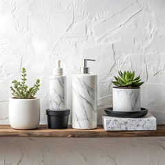 Stylish modern bathroom countertop accessories with marble pattern and small green succulents