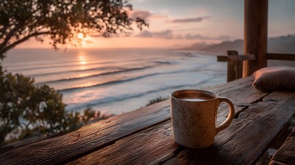 Sunrise Coffee on Balcony Overlooking Ocean Waves
