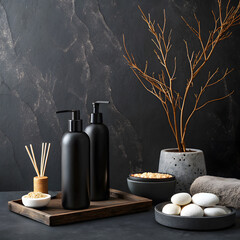 Luxurious spa setting with black pump bottles natural stones and dried plant on a dark textured background