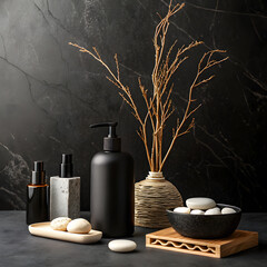 Elegant spa bathroom arrangement with black soap dispenser natural elements and decorative stones