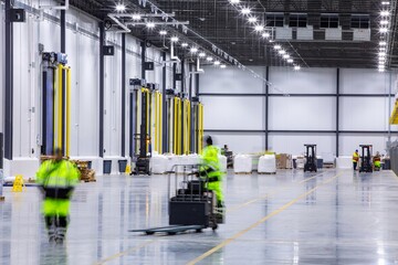 Cold storage distribution warehouse with blurred men working on electric forklift 