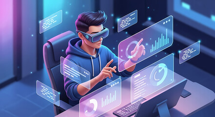 Person wearing a VR headset interacting with multiple holographic data displays in a futuristic tech environment.