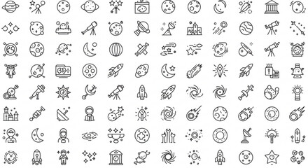 A collection of space exploration and astronomy themed line icons including planets rockets and astronauts