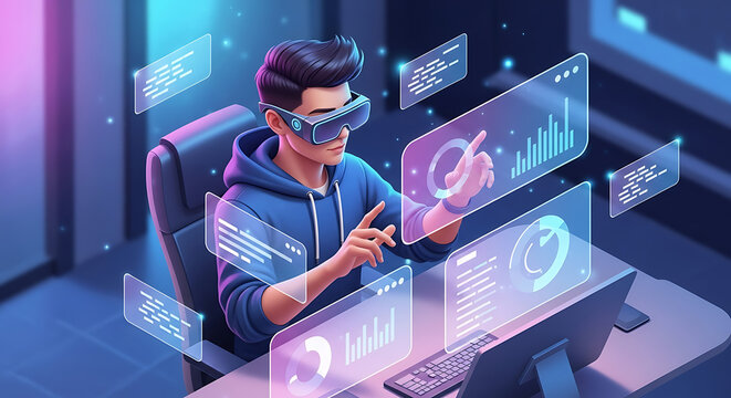 Person wearing a VR headset interacting with multiple holographic data displays in a futuristic tech environment.