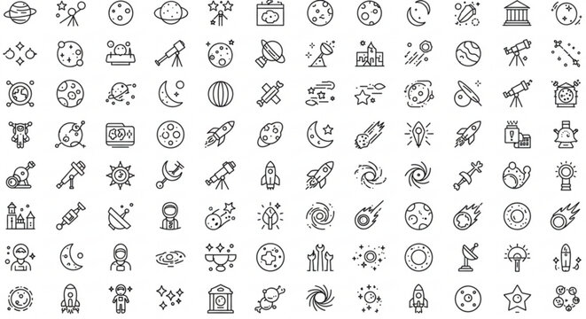 A collection of space exploration and astronomy themed line icons including planets rockets and astronauts - Powered by Adobe