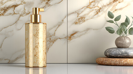 Luxurious facial essence bottle with gold pump sits elegantly on reflective surface, complemented by marble background and decorative stones, creating serene spa like atmosphere