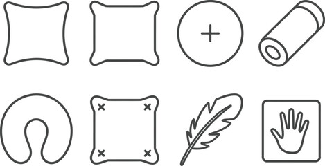 Pillow Outline Icon Set with Round, Travel, Feather, and Hand Print on White