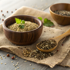 Healthy mixed seeds and grains in wooden bowls with a spoon on burlap cloth