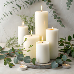 Group of tall pillar candles with flickering flames surrounded by eucalyptus branches and soft light