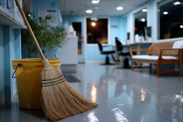 A broom placed next to a bright yellow cleaning bucket in a clean workspace, conveying a sense of order, cleanliness, and the importance of tidiness in a professional setting.
